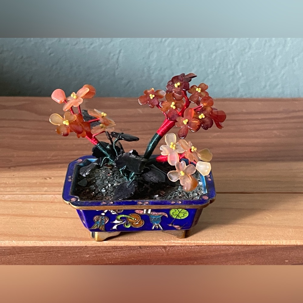 Chinese Stone flowers plant in cloisonne pot 3” Antique